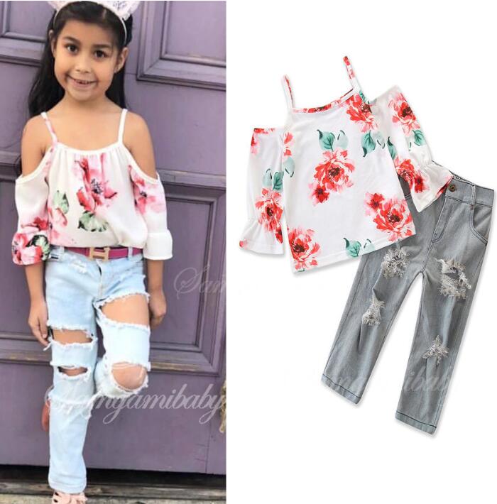 

2019 For Toddler Baby Girls peony Dew shoulder Floral Print Tops+Hole Denim Jean Pants Clothes Outfits Sets, Picture