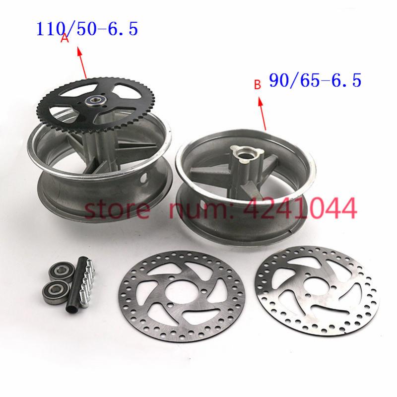 

a set: 90/65-6.5 front and 110/50-6.5 rear Aluminum Wheel hub+1pcs Sprocket+2pcs Brake disc for pocket bike 47cc 49cc