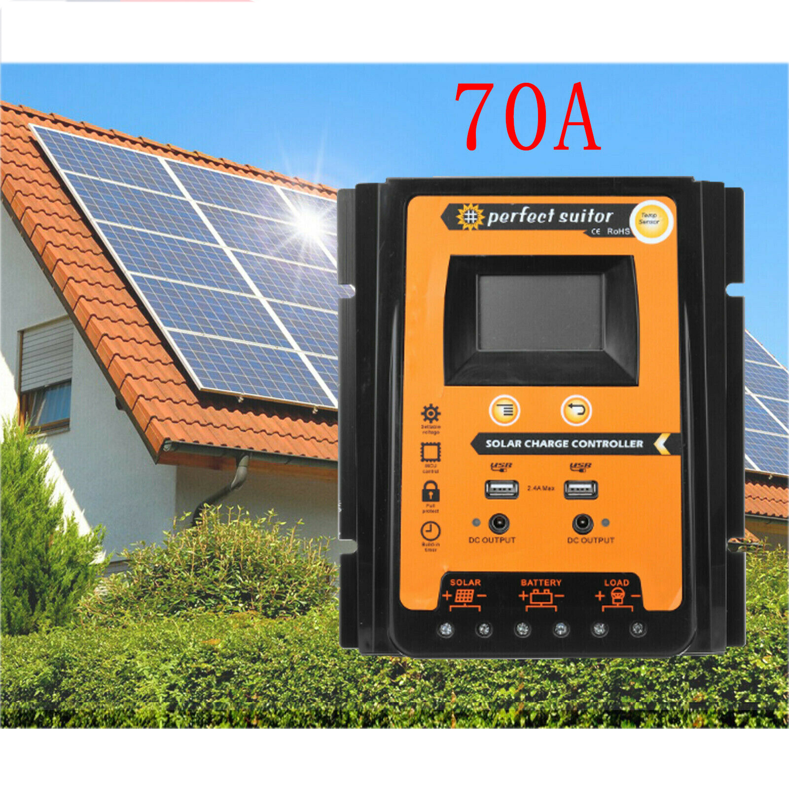 

70A MPPT Solar Charge Controller Auto 12/24V Battery Regulator LCD Display