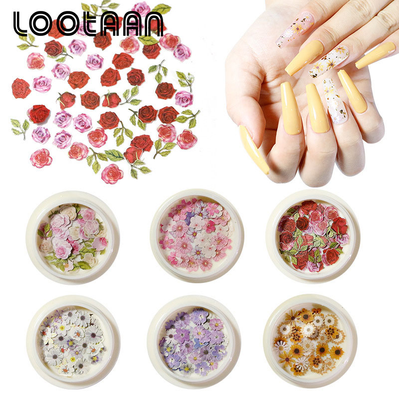 

50 Pieces/box Nail Art Flower Glitter Decoration 3D Nail Art Gel Polish Manicure Natural Jewelry Stickers Rose Flower