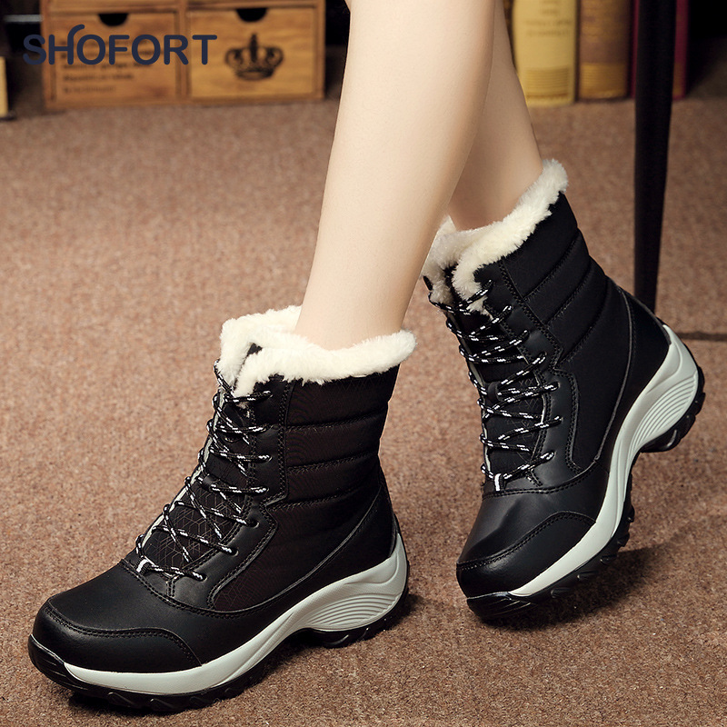 

SHOFORT Heighten Snow Boots 2020 Lace-up Plus Velvet Women Boots All-match High-heel Thick Bottom Waterproof Warm Cotton Shoes, Black