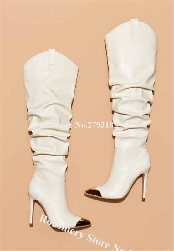 

New Fashion Women Pointed Metal Toe Stiletto Heel Knee High Boots White Black Long High Heel Boots Motorcycle, As picture