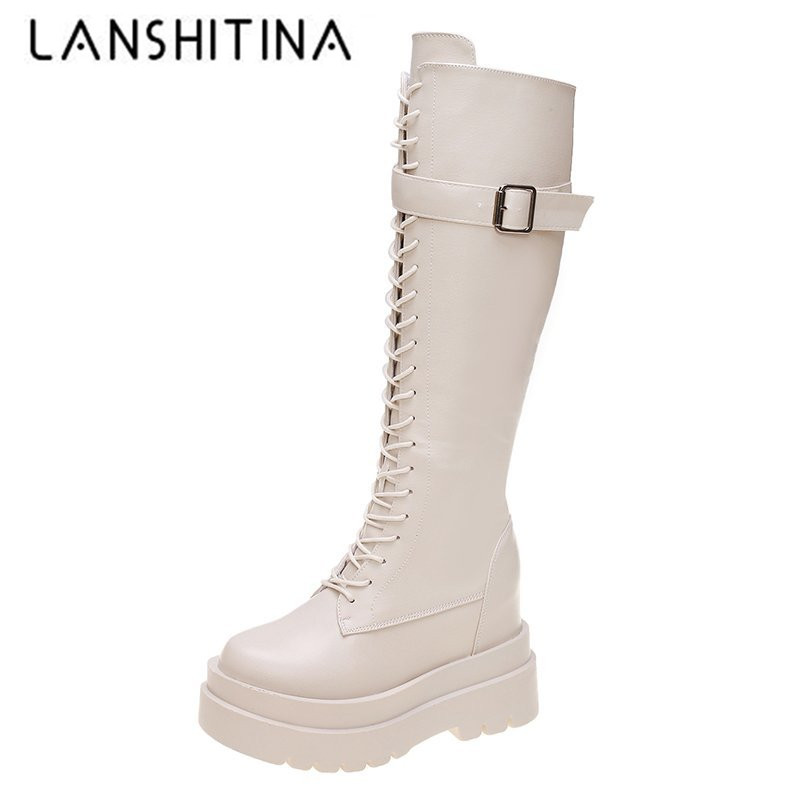 

2020 Autumn Leather Boots Women Knee High Boots Punk Style Casual Chunky Shoes Woman thick high Heeled Platform Long 10cm, Beige