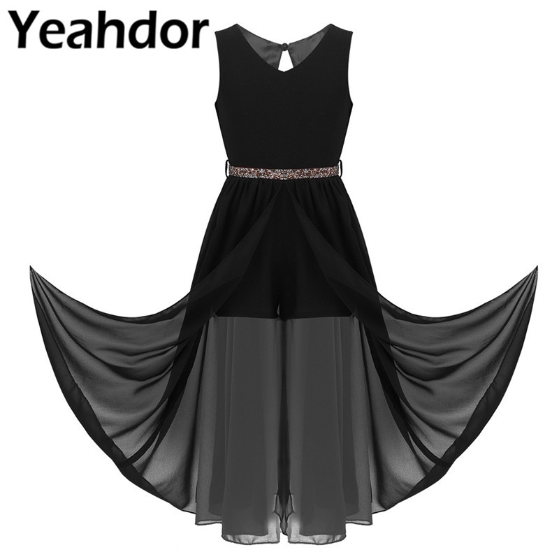 

Kids Flower Girls Sleeveless V Neck Chiffon Short Jumpsuit Romper Maxi Dress with Sparkly Rhinestone Belt for Wedding Party, Black