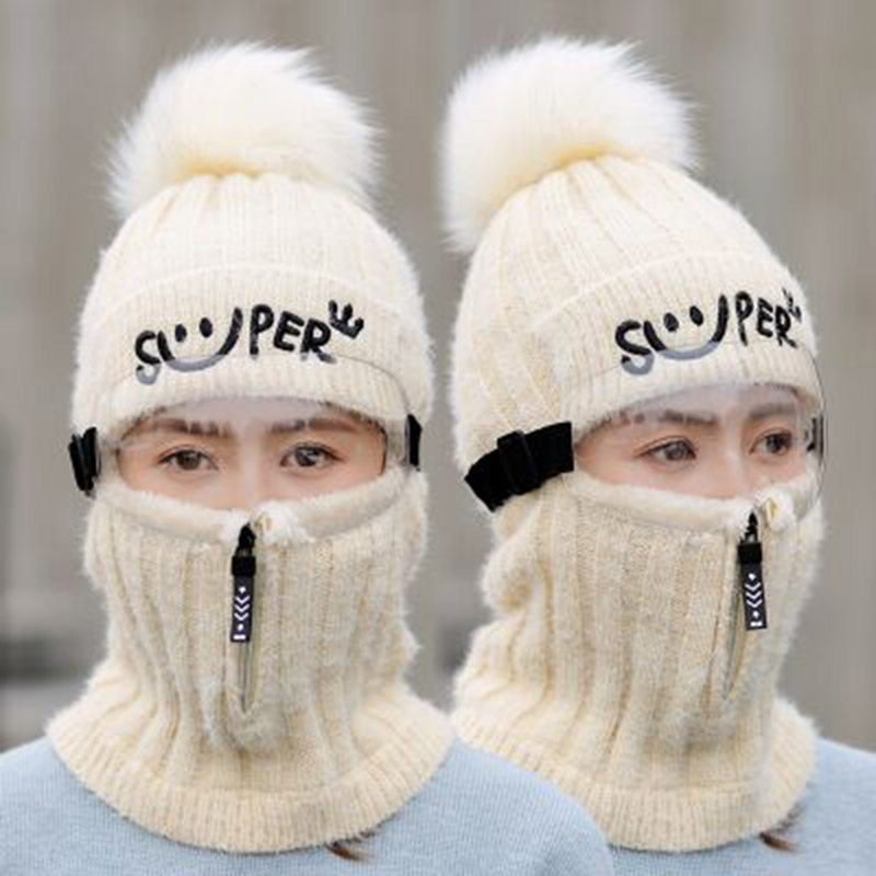 

Women Thick Warm Beanie Skullies Hat Female knit Letter Bonnet Beanie Caps Ski Riding Sets Winter knitted Beanies Hats, Gray 2