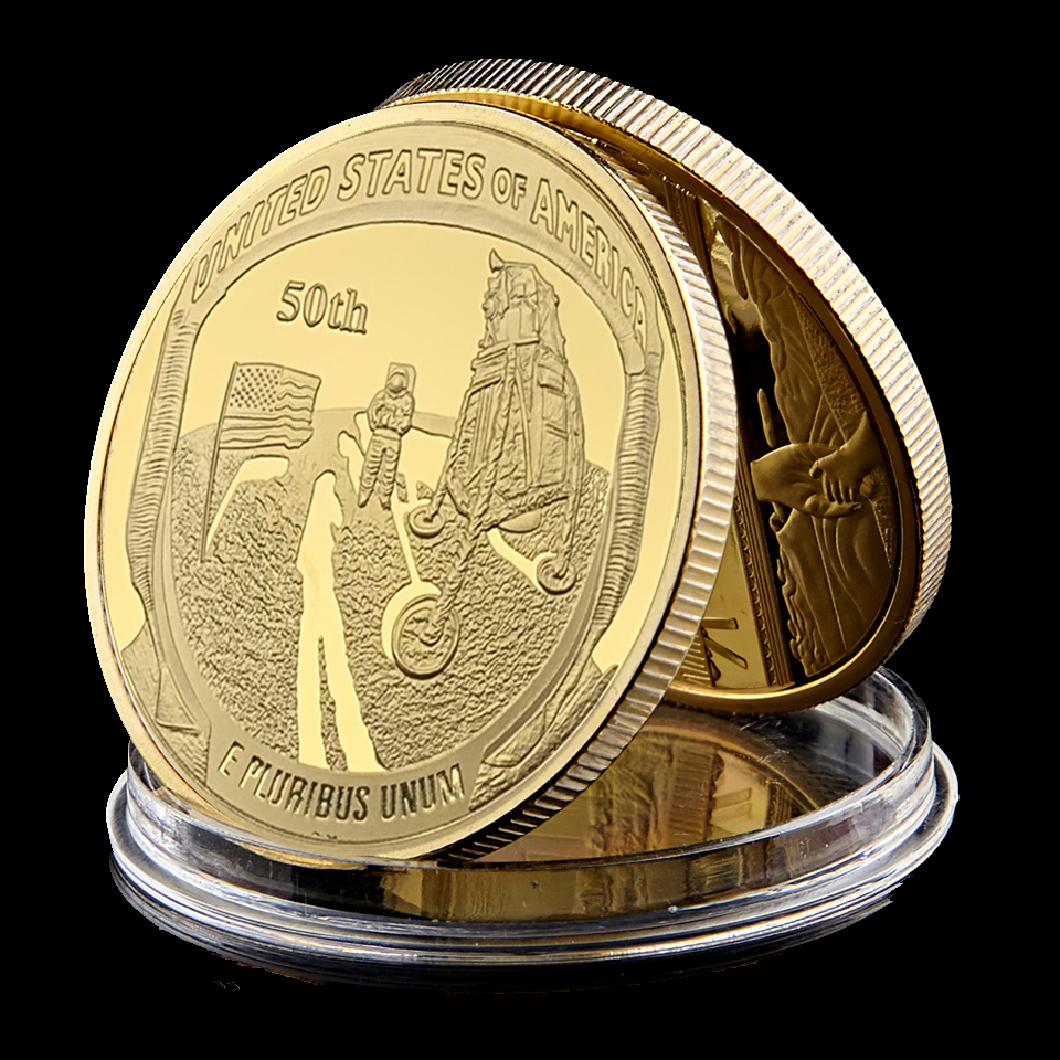 US 50th Anniversary Apollo Moon Landing Craft In God We Trust Liberty Gold Plated Commemorative Coin Gift-image-573244065