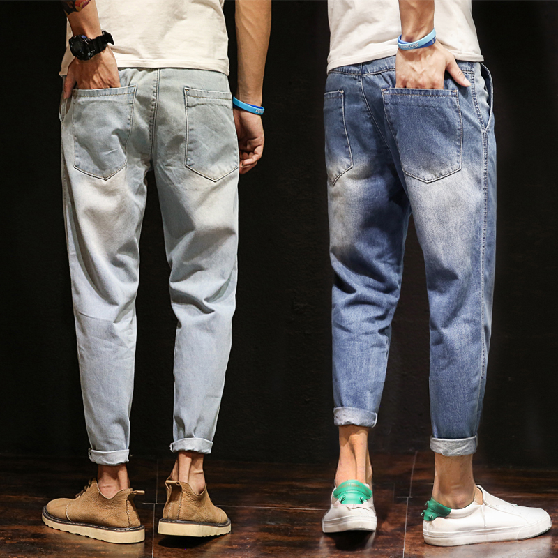 

Autumn And Winter New Men's Fashion Personality Casual Jeans Youth Temperament Wild Cotton Polyester Solid Color Trousers, Baby blue