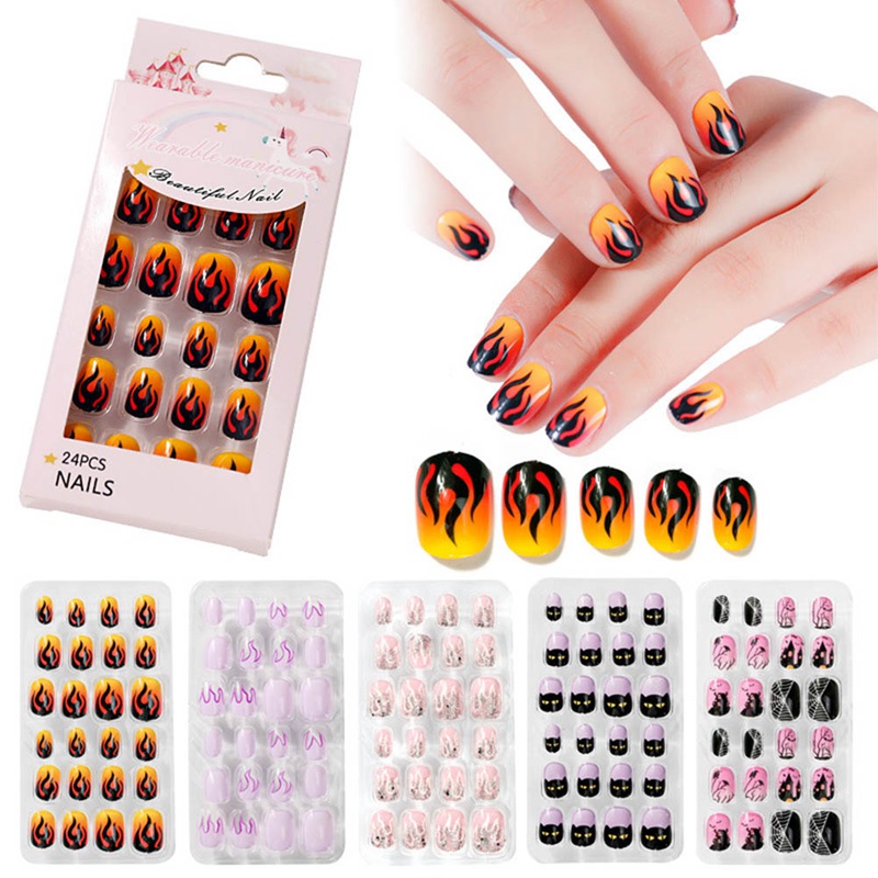 

24pcs Halloween Flame Children Nail Art Girl Cartoon Full Cover Pink Fake Nail Art Manicure Tools Patch, H03