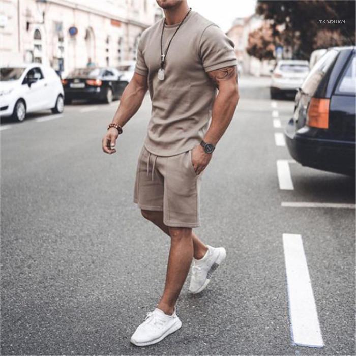

Short Sleeve tshirts and Shorts Casual Men Designer Sprots Fitness 2 Peice Sets Clothing Summer Mens Tracksuits, Khaki