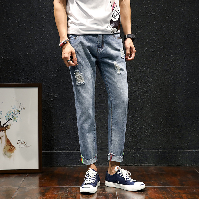 

Mens Harajuku Style Denim Jeans Boys Fashion Hole Skinny Pencil Pants Male Soft Casual Cotton Ripped Long Trousers 51456, Blue