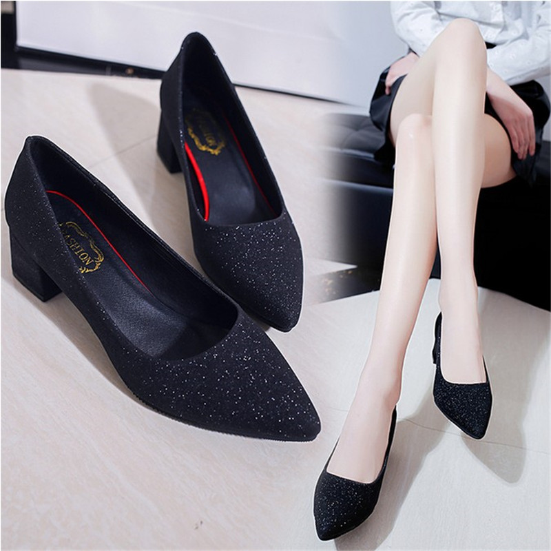 

Silver Wedding Women Pumps High Block Heels Red Bottom Sequined Cloth Pointed Toe Bridesmaid Party Office Slip-on Lady Shoes, Gold