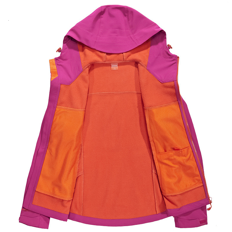 

2020 Autumn Winter Outdoor Soft Shell Hiking Jacket Women Set Solid Color Hooded Sports Mountaineering Warm Windproof Waterproof, Coralred