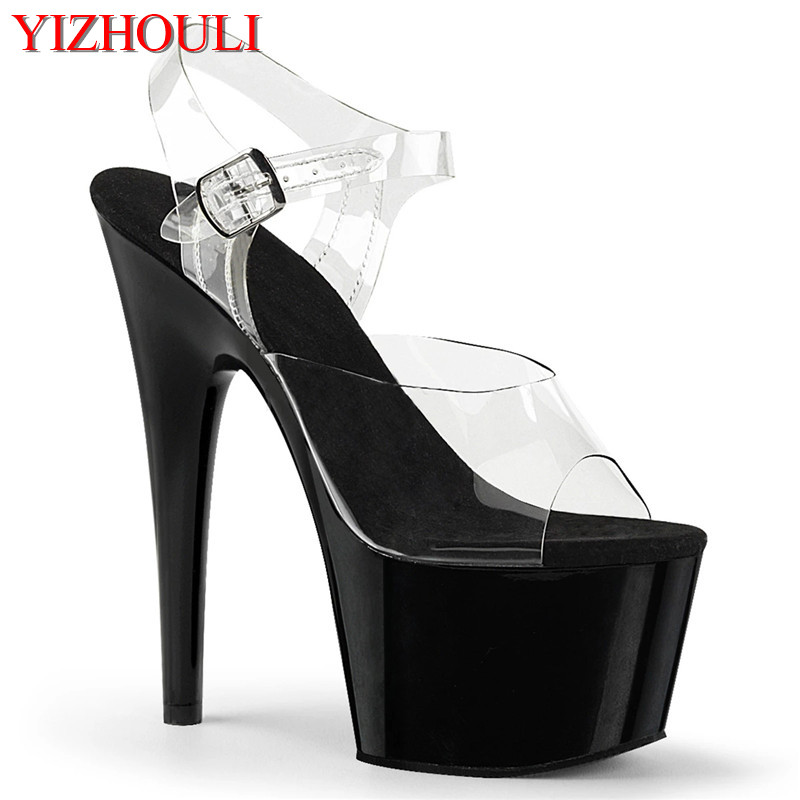

Fashion spray-painted waterproof platform, summer 17cm stiletto heels, transparent vamp nightclub sexy 7-inch sandals, Black