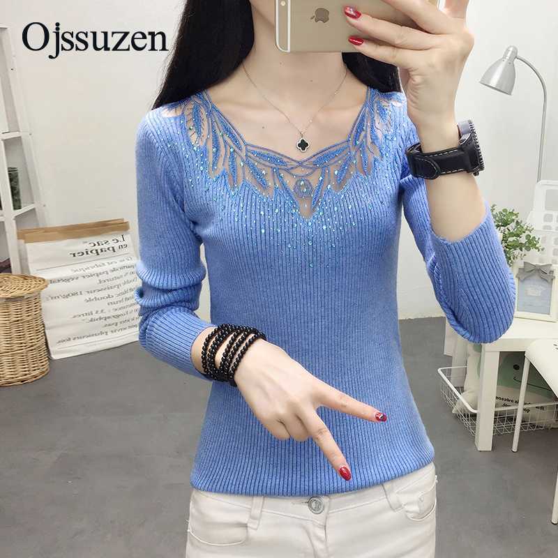 

Sexy Lace White Sweater Womens Pullovers Diamond Spring Autumn Clothes Woman's Sweaters Blue Tops Female Knitting Jumper Purple