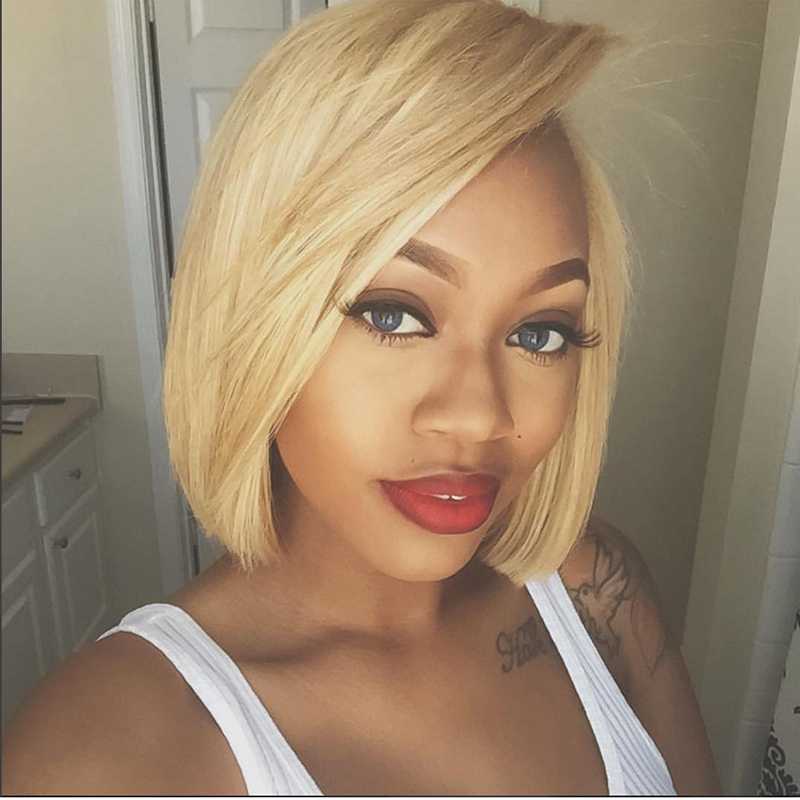 

Honey Blonde Short Bob Lace Front Human Hair Wig SOKU Brazilian Straight 4x4 Lace Closure Wig For Black Women PrePlucked Bob, #27