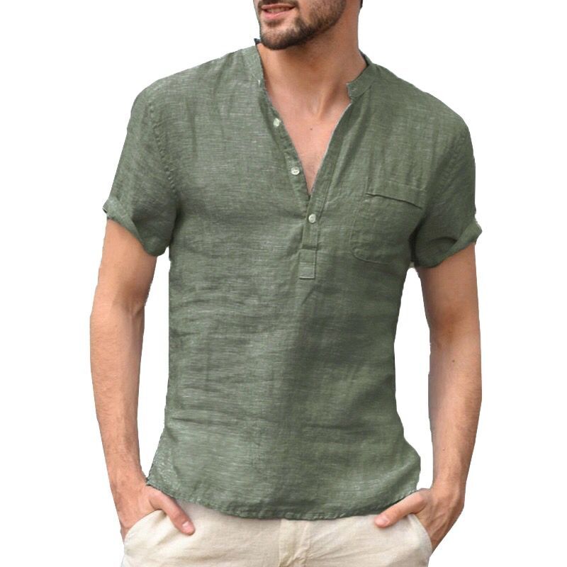 

2020 Cotton Flax Linen Shirt Mens Casual Slim Fit Pocket Tops Pocket 3 Buttons Solid Beach Tee Short Sleeves For Men Plus Size, Khaki