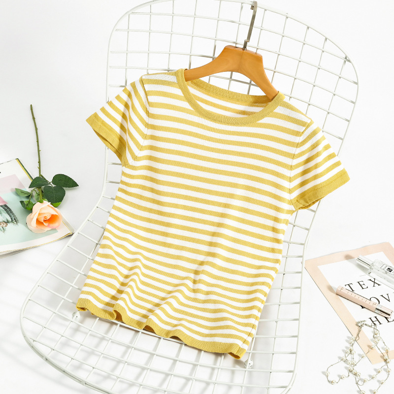 

Summer Short Sleeve Striped Pullover Women Sweater Knitted Girl Sweaters O-Neck Tops Korean Pull Femme Jumper Female White Black, D00697 pink