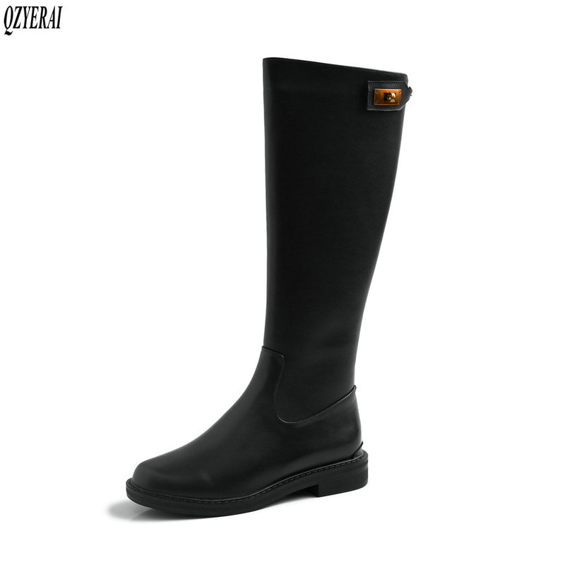

2021 New winter Genuine leather Knee high boots Women boots Motorcycle Knight warm cowhide Women shoes Size 34-42, Black