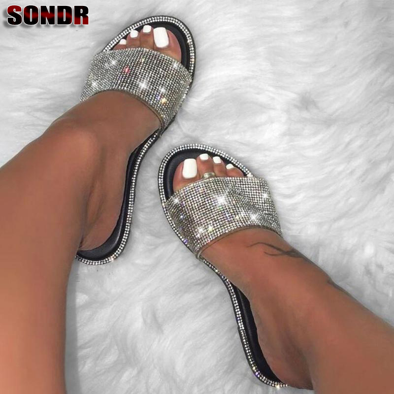 

Summer new ladies crystal slippers 2020 new female candy color flip flops beach diamond flat shoes outdoor sandals, Black