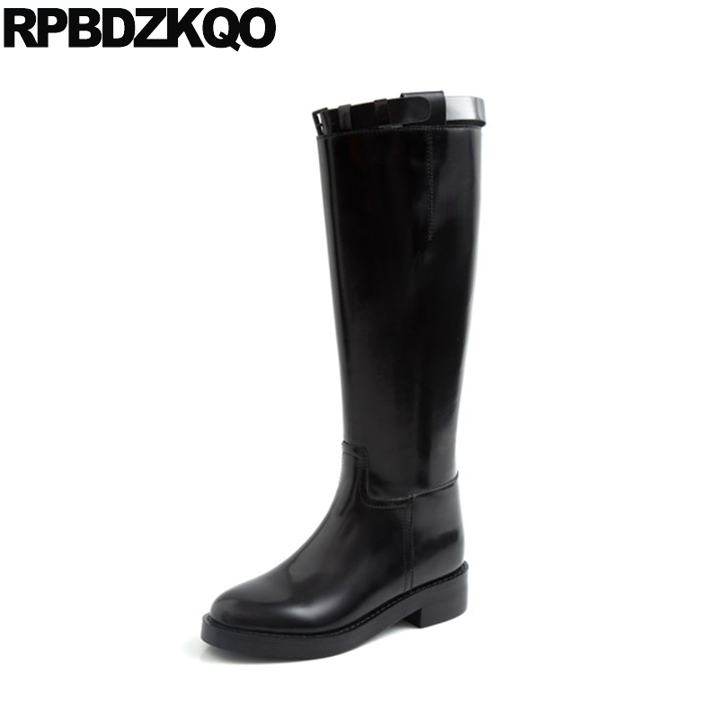 

equestrian long boots patent leather knee high round toe wide calf black handmade shoes women trend riding tall