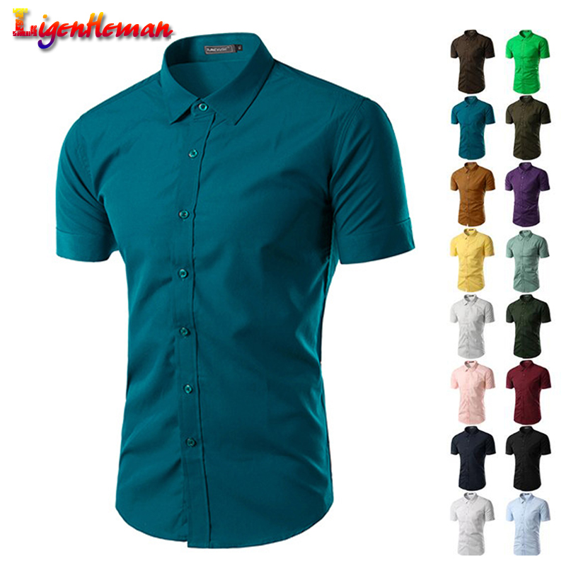 

Men's Casual Shirts Mens Leisure 2021 Masculina Chemise Homme Summer Solid Color Business Slim Fit Short Sleeve Fashion Shirt, Coffee