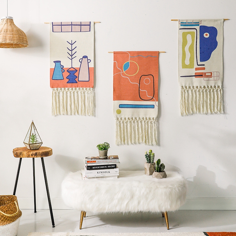 

Geometric Tapestry Wall Hanging Living Room Bedroom Morandi Style Decoration Cloth Woven Art Pictures Woven Tapestry With Tassel