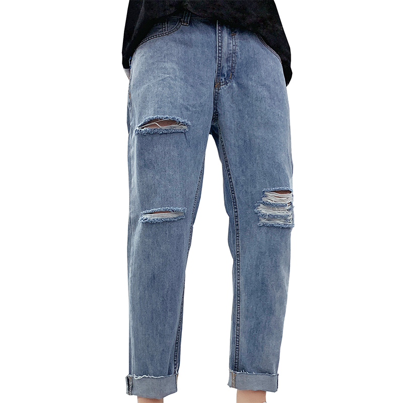 

New Men's ripped casual jeans Hole Streetwear Denim Korean jogging jeans loose pants, Blue-812