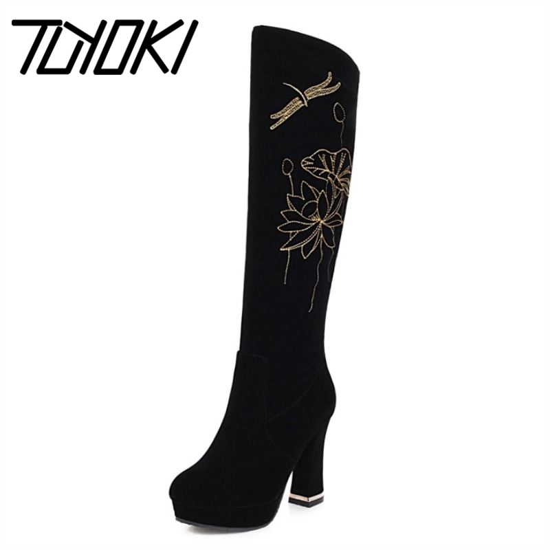 

Tuyoki New Fashion Women Knee High Boots Round Toe Thick Heel Zipper Platform Pattern Flock Shoes Ladies Footwear Size 33-43, Black