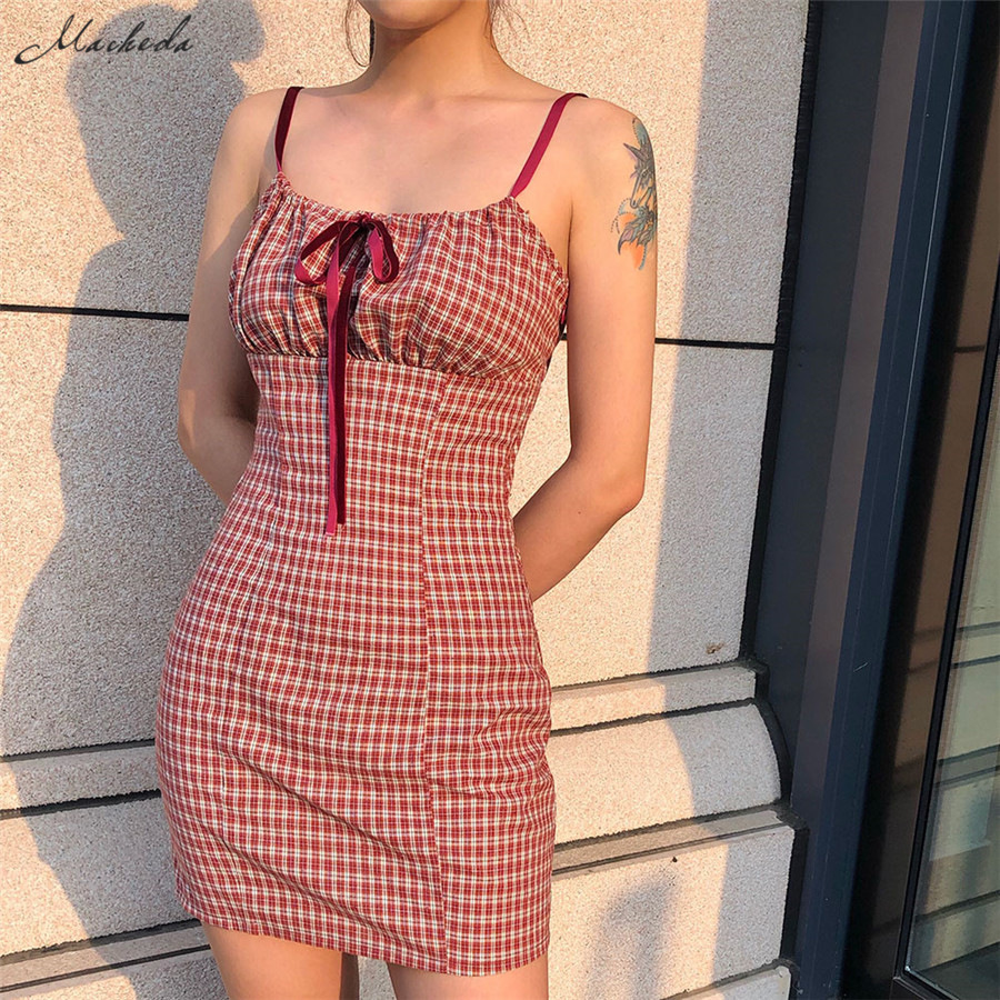 

Macheda Plaid Mini Dress Women Spaghetti Strap Bow Summer Teenage Girl Style Dress Lady Casual Vacation Short Dress 2019 New, Brown