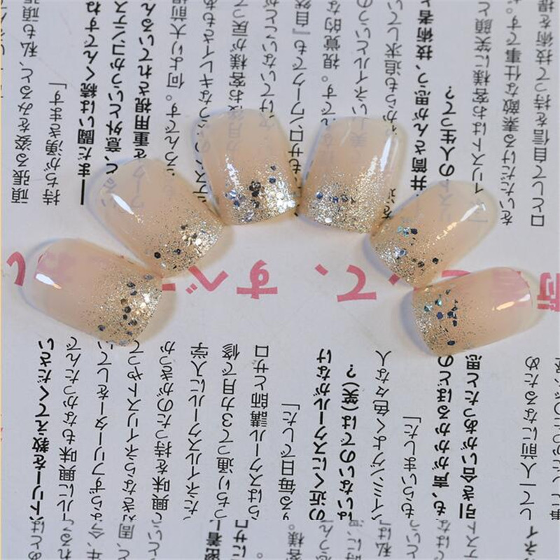 

72pcs free glue Pre Design short Fake Nails French False Nails glitter line resin Nail Tips For Nail Art salon, Nude