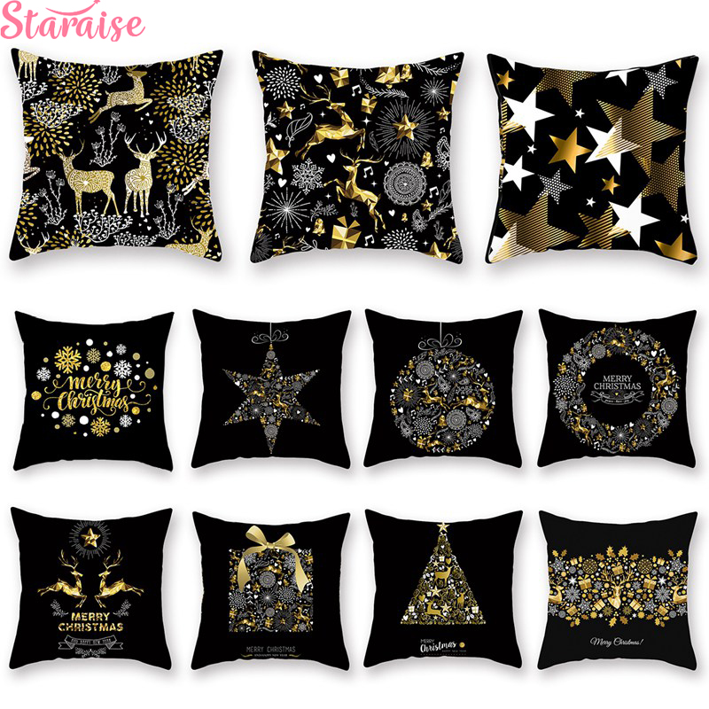 

Christmas Ornaments Merry Christmas Black and Golden Cushion Cover For Sofa Decoration For Home Happy New Year 2020