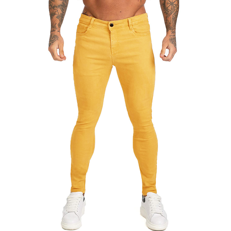 

HEFLASHOR Men Stretch Skinny Solid Jeans 4 Color Casual Slim Fit Denim Trouser Male Yellow Red Gray Pants Male Slim Trousers, Color 1