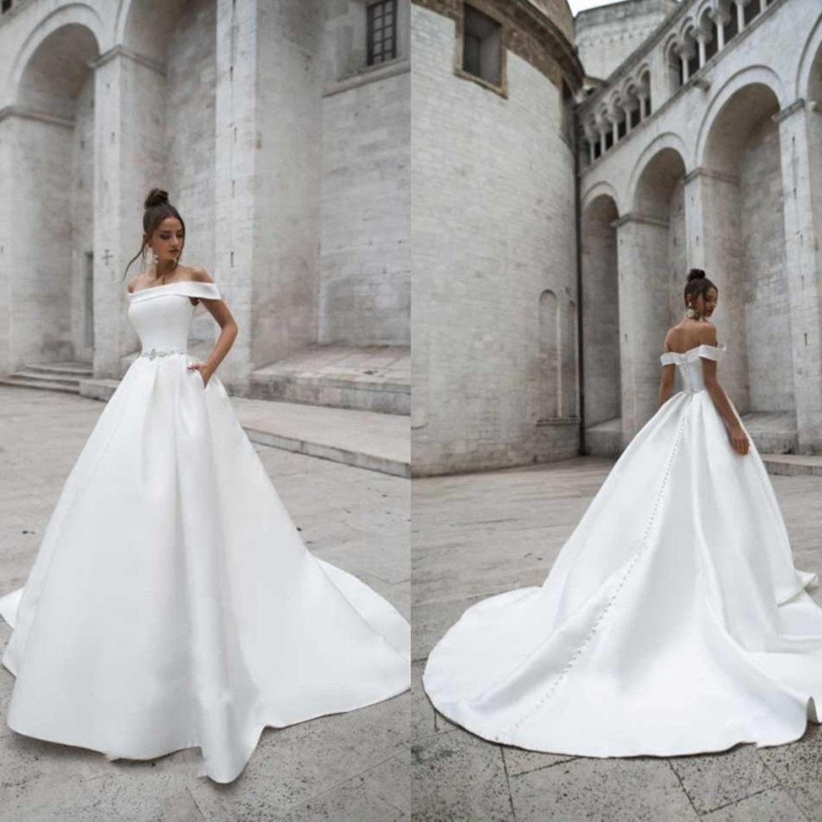 

Naviblue 2021 Wedding Dresses Off Shoulder Lace Satin Bridal Gowns Custom Made Lace-up Back Sweep Train A-Line Wedding Dress, White