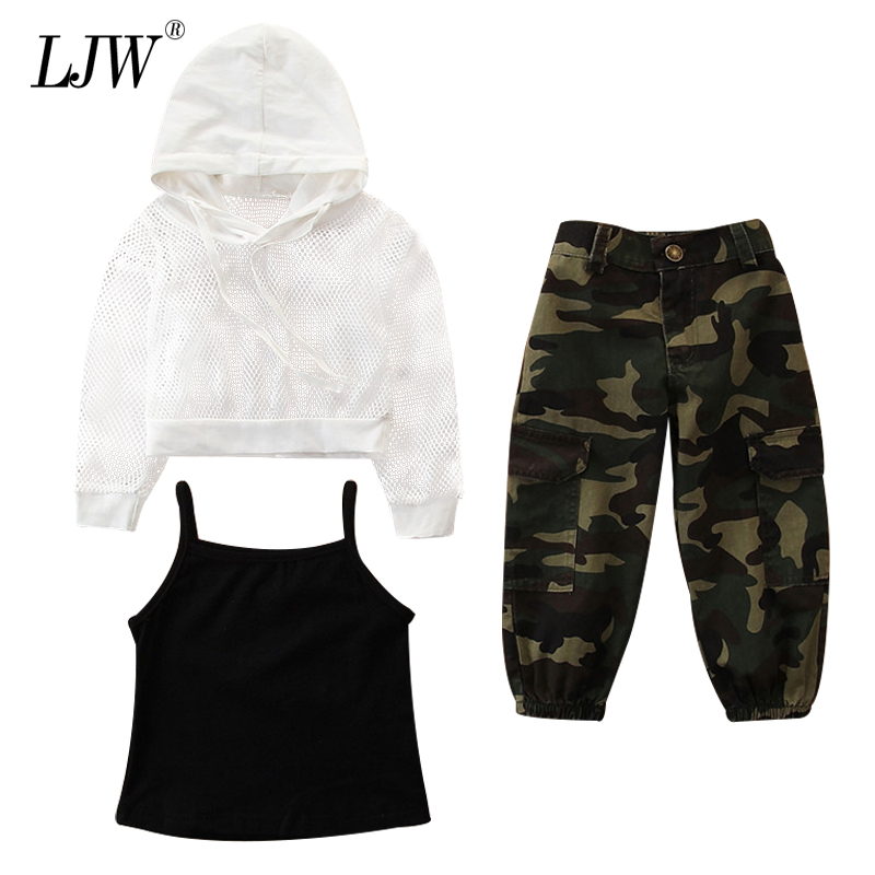 

2020 new fashion children's baby girl clothing suit hollow hooded top + black vest + camouflage jeans 3 pieces, As picture