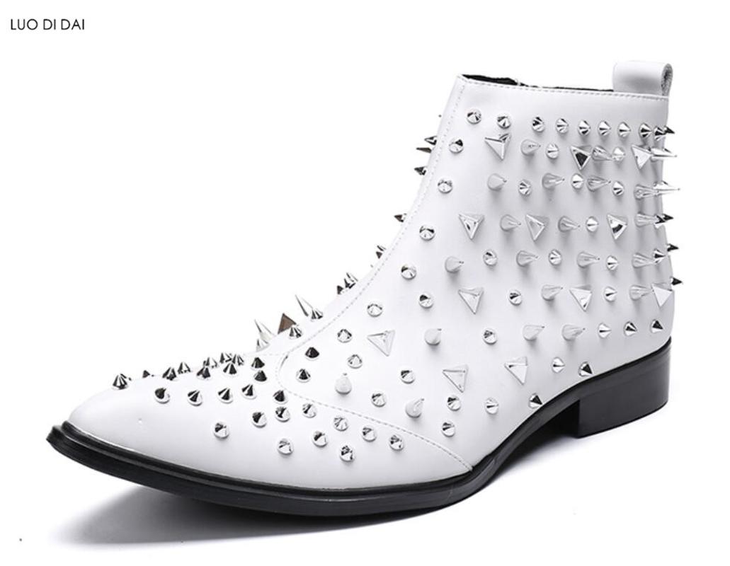 

2020 new men white boots spike stud boots male party shoes high top booties mens dress shoes sliver rivets pointed toe booties