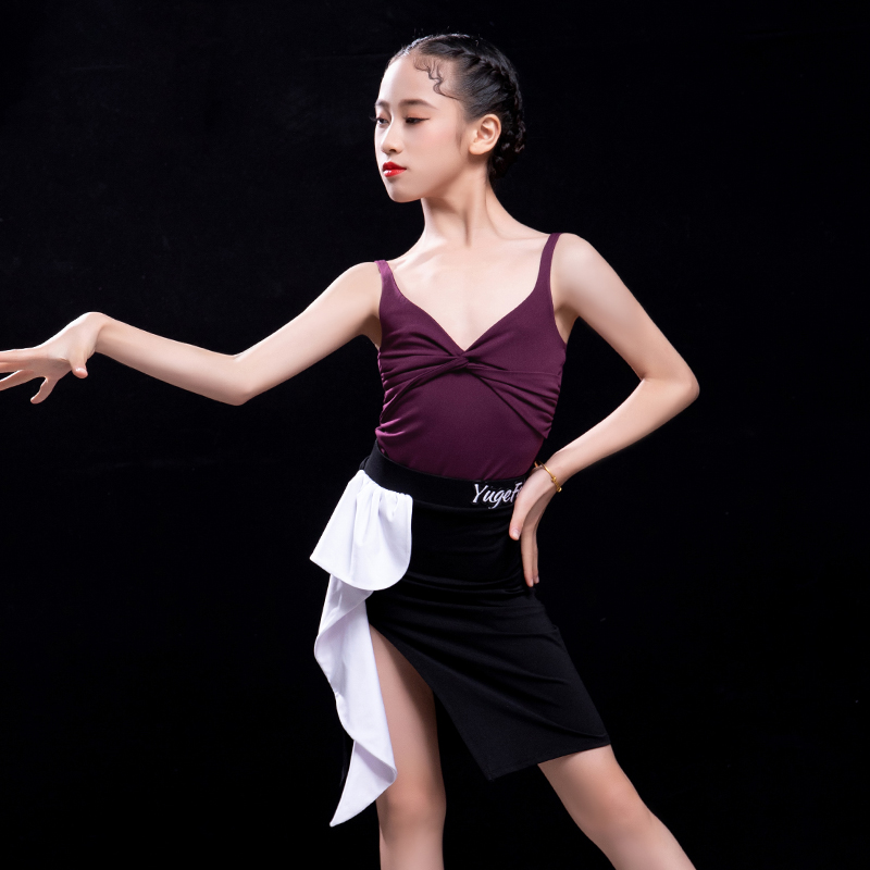 

2020 Latin Dance Dress Girls Cha Cha Rumba Samba Wear Latin Dancing Practice Costumes Kids Summer Suspender Top Split Skirt, As picture