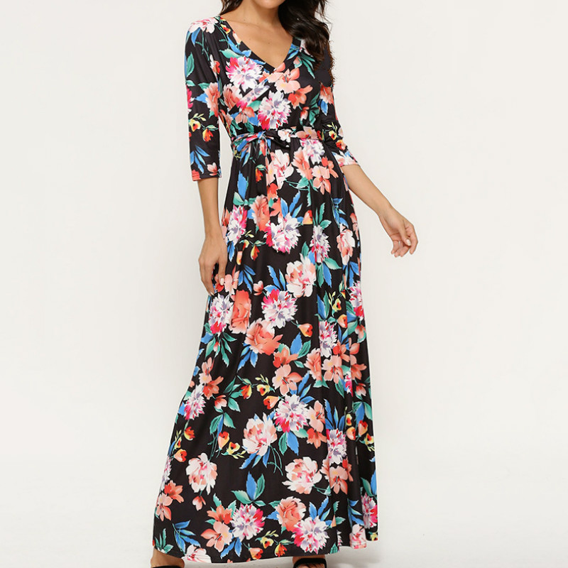 

Hot Women New Autumn Spring Dress Office Ladies Three Quarter V Collar Floral Printed Dress Fashion Party Bohemian Beach Dresses, Black
