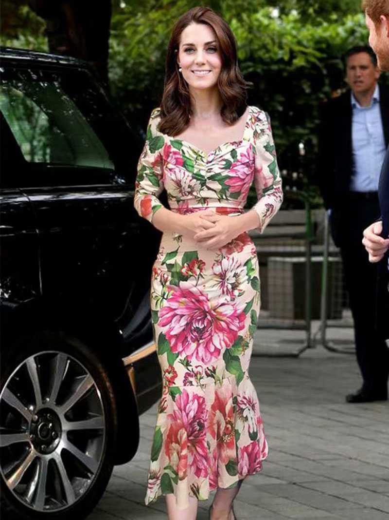 

Princess Kate Middleton Flower Print Maxi Mermaid Dress Pleated Dresses, As pictures