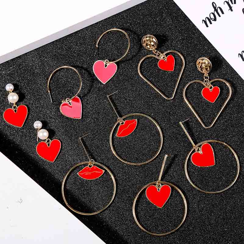 

Fashion Enamel Red Heart Lips Drop Earrings For Women 2020 Trendy Gold Big Circle Dangle Earring Female Statement Party Jewelry