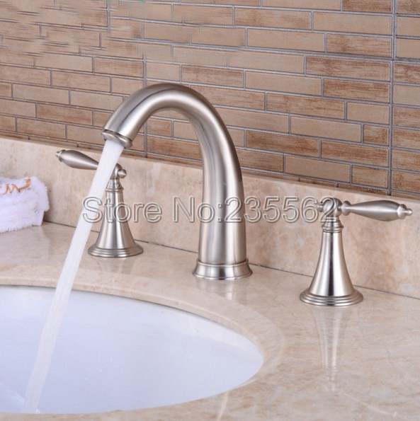 

Brushed Nickel Widespread 3 Hole Install Bathroom Basin Vessel Sink Tap Faucet Lnf039
