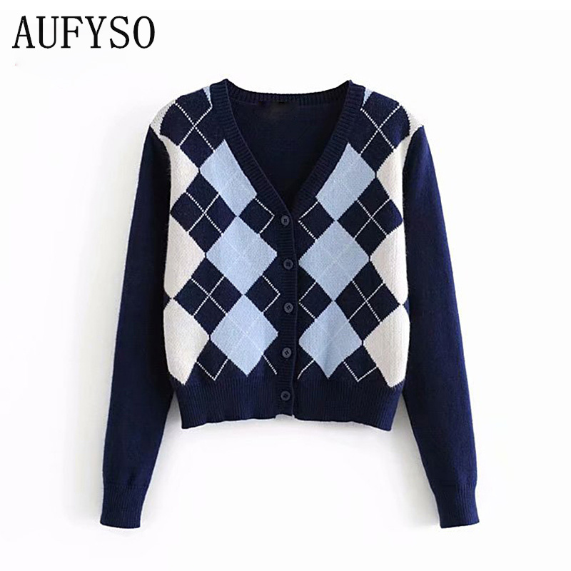 

Short Cardigan for Women 2020 Autumn England Style Vintage Argyle V Neck Long Sleeve Sweater Coat Slim Fit Knitted Cardigan Tops, Navy blue