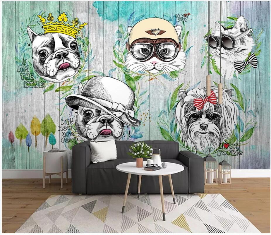 

3d wallpaper custom photo mural on the wall Hand drawn animal cat and dog cartoon background wall home decor photo wallpaper for living room, Non-woven wallpaper