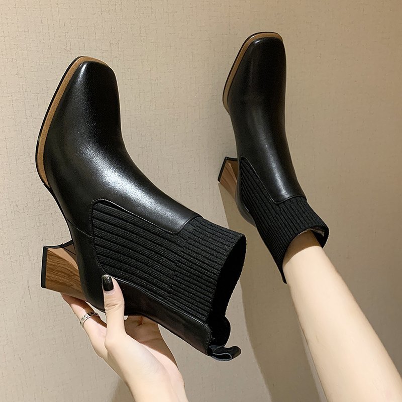 

Women Ankle Boots High Heels Black Knitting Booties 2020 Winter Woman Dress Shoes Square Toe Stretch botas retro mujer 8555G, Beige