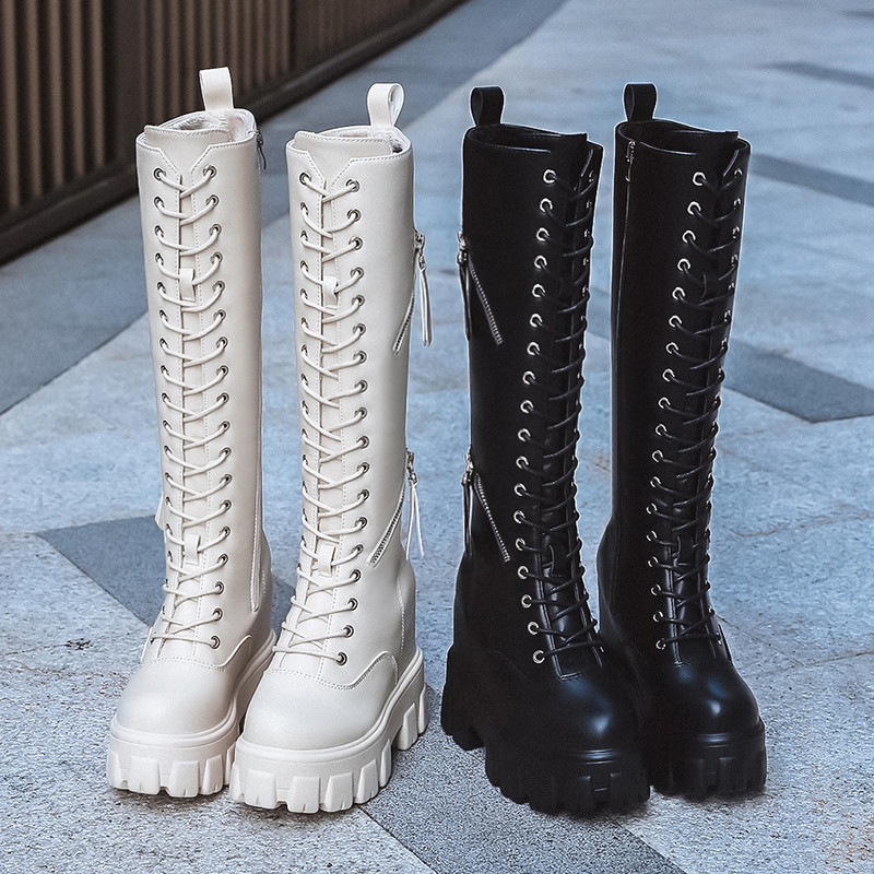 

Women Black Long Boots 2020 Winter High Platform Wedge Shoes Woman Fashion Hidden Heels Over The Knee Botas Female Lace-up Boots, Beige