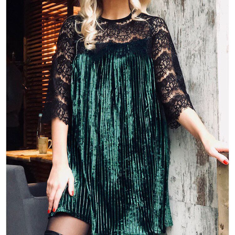 

A-line Robe Feminina Sexy Mini Pleated Dress Female Spring Women Clothes Patchwork Lace Velvet Dress Velour Dresses GV176, Wine red