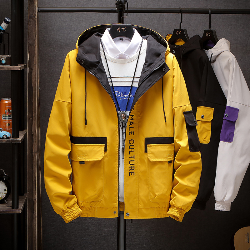 

Fall 2020 Men's Hooded Casual Jacket Stitching Color Wild Jacket Korean Autumn Coat Tops Young Men Zipper Fashion Printed, Black