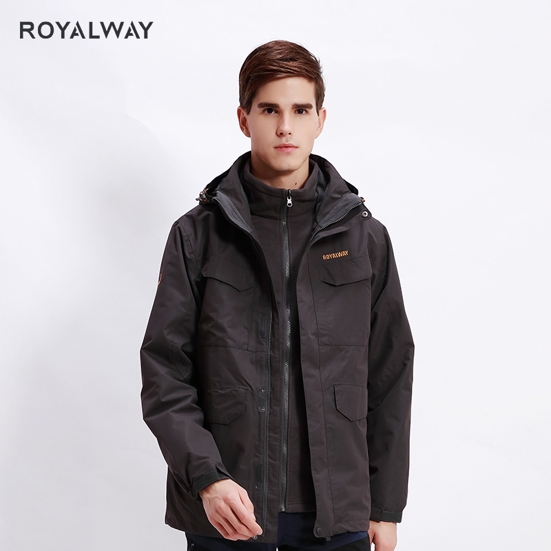 

ROYALWAY 2020 New 3 in 1 Windbreaker Men Outdoor Travel Camping Hiking Hooded Jackets Removable Fleece Liner 2 Pieces Male, Dark grey