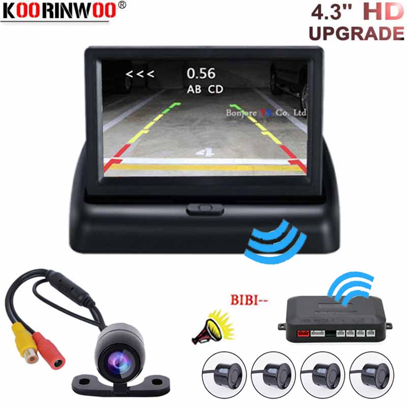 

Koorinwoo Wireless 4 Parking Sensors Black Radar Alarm Car Auto CCD Reverse Rear view camera 4.3 inch Foldable Monitor System