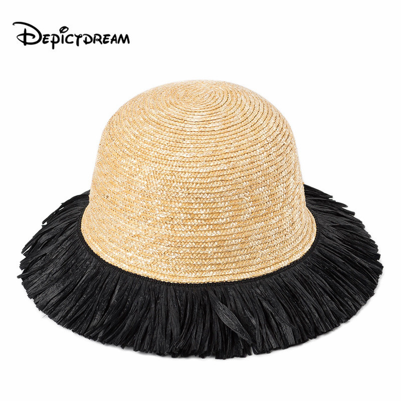

Fashion Wheat straw Sun Hats For Women feathering edge Splicing Sunscreen straw hat Outdoor Beach hat Summer Caps Feminino