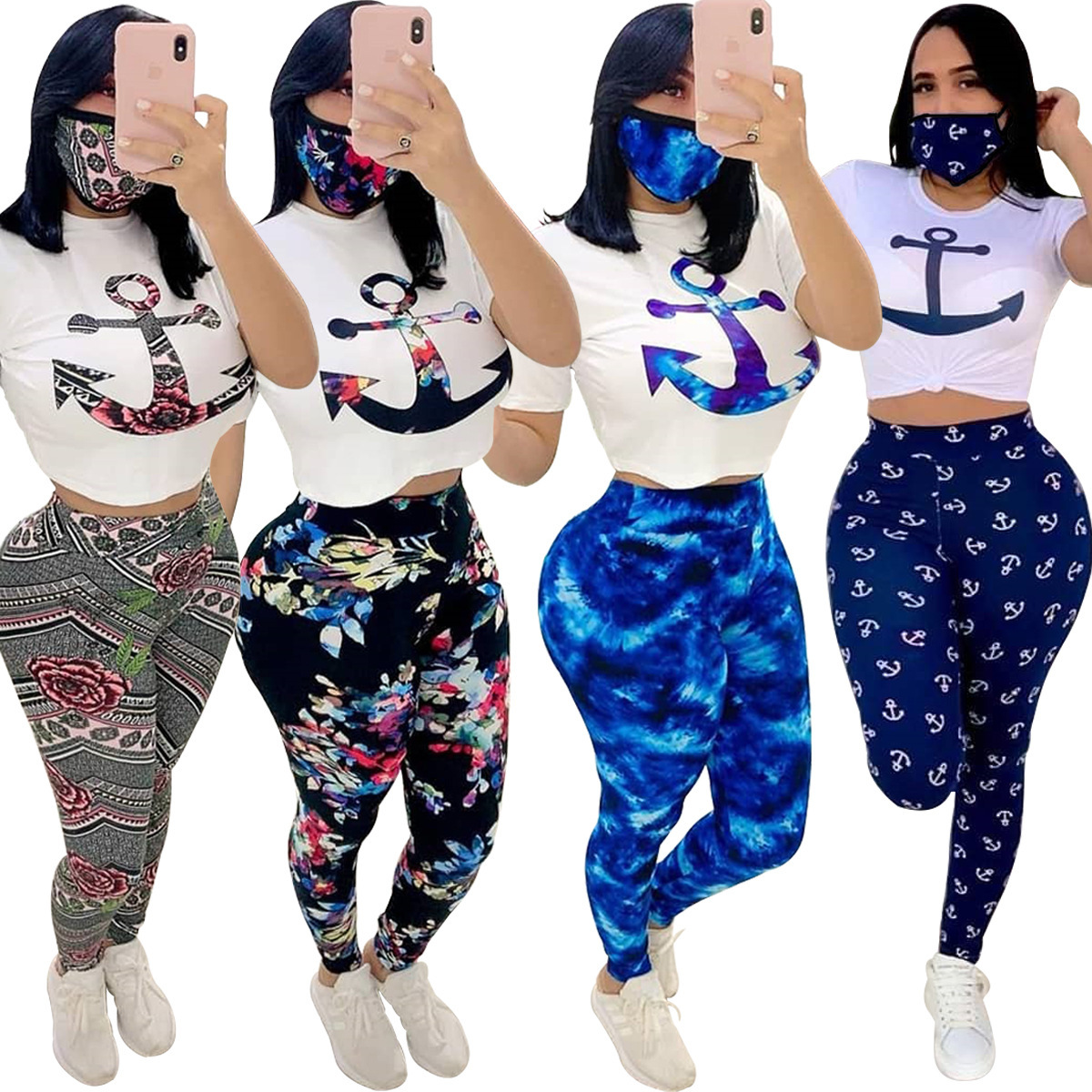 

Women Tracksuits Printed Two Piece Set 2020 Casual Short Sleeved Top Sports Pants Suits Hot New 825